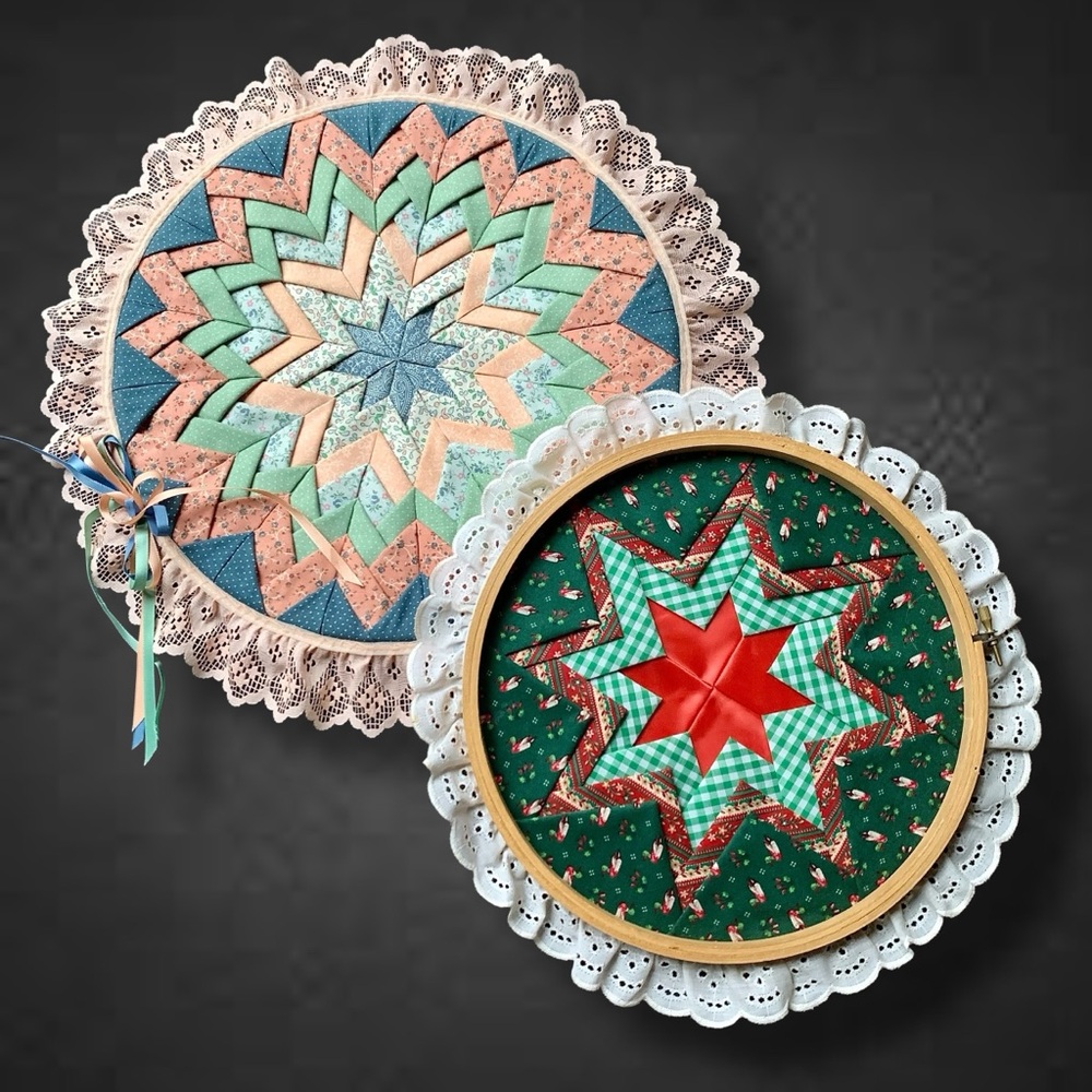 2 Vintage Handmade Quilted Starburst Folk Art Frame Hoops Wall Decor